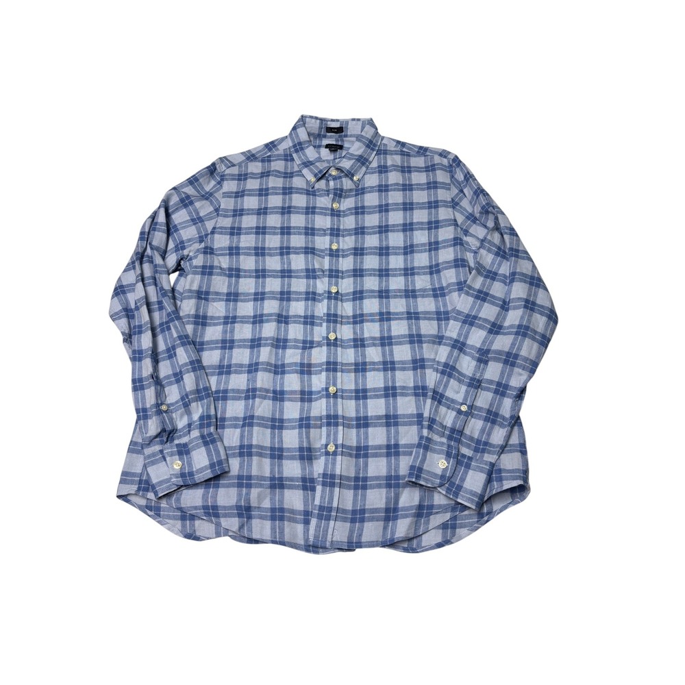 J.Crew Slim Fit Linen Cotton Plaid Button Down Shirt Blue AU493 Mens L